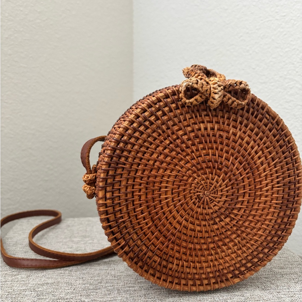 Round Woven Tan Crossbody Bag